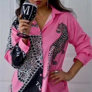 Pink Leopard Print Button-Up Shirt